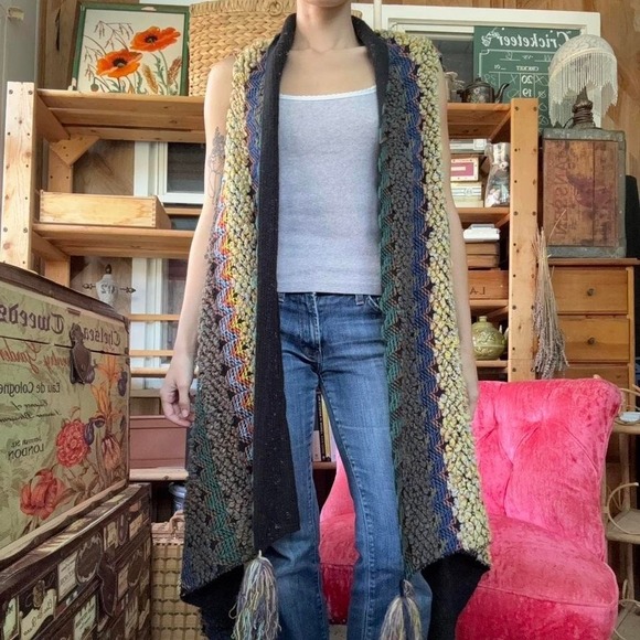 Boho Chunky Knit Longline Vest Multi Color Chevron Popcorn Stitch Tassel Hem - Picture 8 of 8